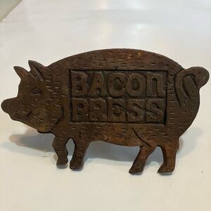 Vintage Cast Iron Pig-Shaped Bacon Press with Wood Handle